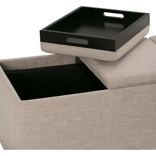SIMPLIHOME Avalon 42" Wide Linen Look Fabric Storage Ottoman in Natural - color: Natural