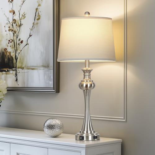 28.75" Silver Table Lamps for Living Room,Touch Lamps for Bedrooms Bedside Lamp 3-Way Dimmable Touch Control, Modern Silver Nightstand Lamp Fabric Shade Mid Century Accent Style（Bulb Inclued） - color: 1Pack-Silver