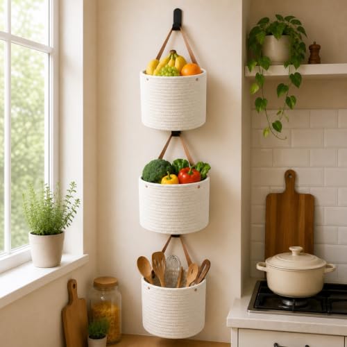Honeydak 3 Hanging Baskets, Cream, Round Bucket Basket - color: Cream, style: Round Bucket Basket