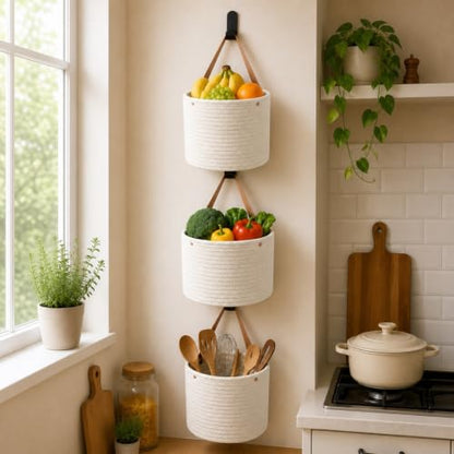 Honeydak 3 Hanging Baskets, Cream, Round Bucket Basket - color: Cream, style: Round Bucket Basket