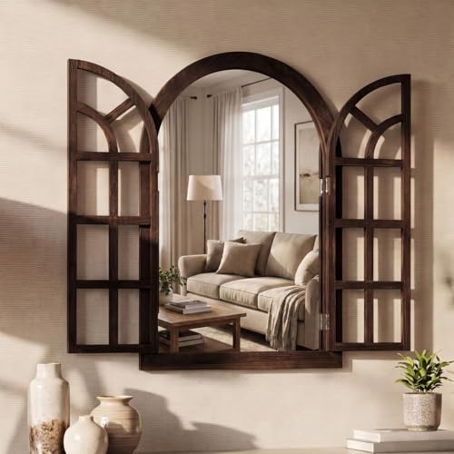 Vercraft Arched Wall Mirror with Window Frame 30 x 20 Inch Vintage Rustic Arch Farmhouse Mirror Wall Decor for Living Room Bedroom Entryway Bathroom Fireplace Farmhouse