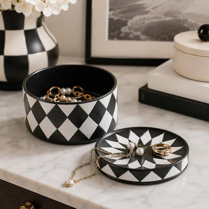 Decorative Storage Box with Lid, Black and white checkerboard Jewelry Box, Modern Round Decorative Box for Dresser, Coffee Table, Entryway Ideal for Jewelry, Trinkets And Small Accessories