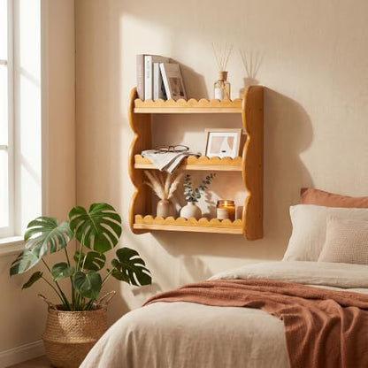 3-Tier Wood Wall Shelf, Scalloped Floating Shelves Storage Rack