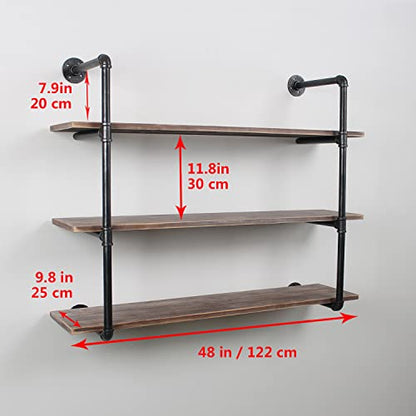 MBQQ Industrial Pipe Shelving Wall Mounted,48in Rustic Metal Floating Shelves,Steampunk Real Wood Book Shelves,Wall Shelf Unit Bookshelf Hanging Wall Shelves,Farmhouse Kitchen Bar Shelving(3 Tier) - color: 3-layer, size: 48in