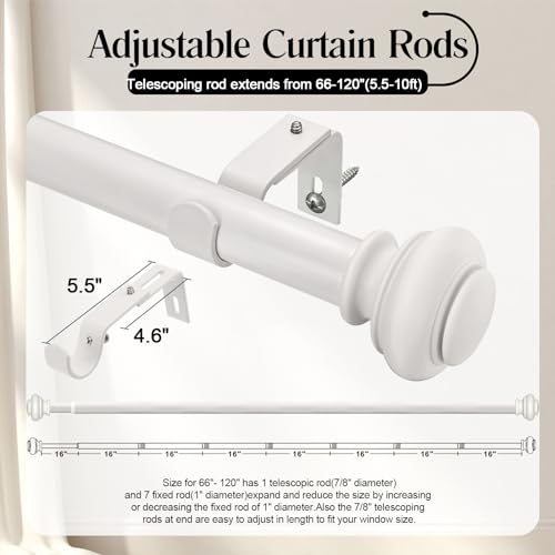 SIMEWIN Heavy Duty Window Curtain Rods, 66-120 Inches, White, Adjustable with Classic Finials - color: White, size: 28"-120"
