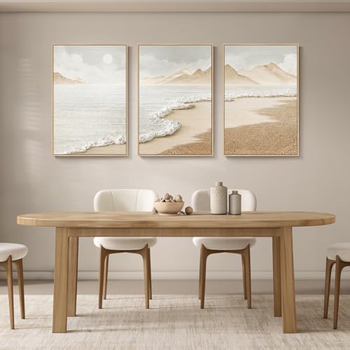 Large Framed Boho Abstract Beach Wall Art for Living Room, 24x36 Inch - color: Neutral, size: 24" W x 36" H x 3Pcs