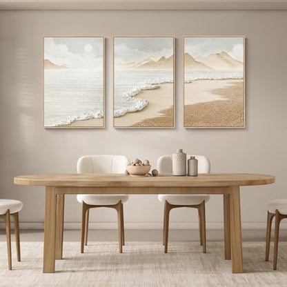 Large Framed Boho Abstract Beach Wall Art for Living Room, 24x36 Inch - color: Neutral, size: 24" W x 36" H x 3Pcs