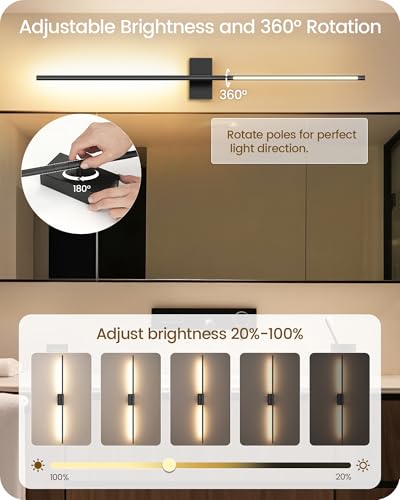 39.4" Wireless Wall Sconces Battery Operated Set of 2, Rechargeable Lamps with Remote, 360° Rotation, 10000mAh, Touch Dimmable Lights for Bedroom, Living Room, Hallway, Black B07YBP205 - color: Black, size: 39.4 Inches