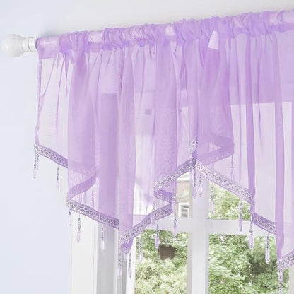 Molaxhome Swag Curtain Scalloped Curtain Valance Drape Sheer Lace Panel 1pc - color: Purple