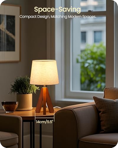 Tripod Table Lamp, 14.6 Inch Small Bedside Lamp with Beige Linen Shade, Modern Nightstand Lamp for Bedroom, Kids Room, Living Room, Nursery, Office, E26 Socket, Dark Wood Base, LE51TL05 - color: Beige+Pearwood