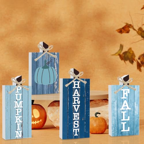 4Pcs Blue Pumpkin Fall Decor Thanksgiving Decorations Sign for Home Indoor
