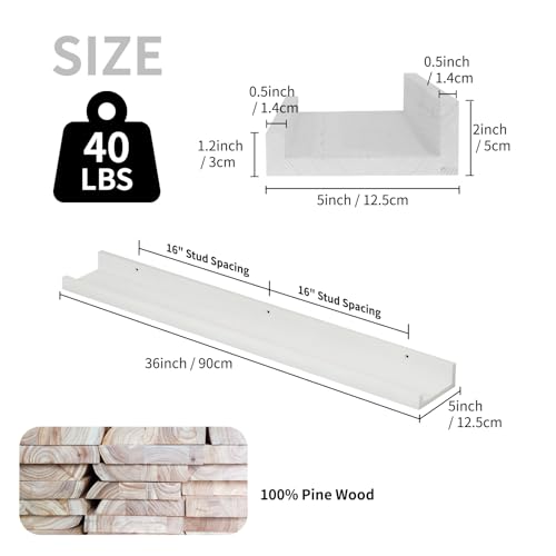 SAUMONIERES Picture Ledge Shelf Floating Book Shelves Set of 2 Wall Mounted Solid Wood for Bedroom Bathroom Living Room Kitchen, 36 Inch White - color: White, size: 36 inch