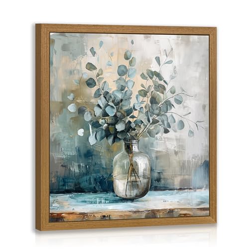 HLXRAE Eucalyptus Leaf Wall Art, Sage Green Botanical Canvas Print, Rustic Farmhouse Bathroom Wall Decor, Soft Blue Floral Aesthetic Picture for Bedroom living Room Wood Framed 12x12 inch - color: Eucalyptus(Wood), size: 12"L x 12"W