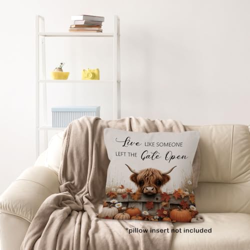 Fall Western Highland Cow Pumpkin Leaves Throw Pillow Covers 18x18 - color: Highland Cow-08
