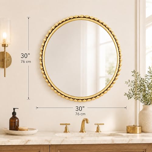 30" Round Bathroom Mirror, Antique Gold Bold Beaded Frame