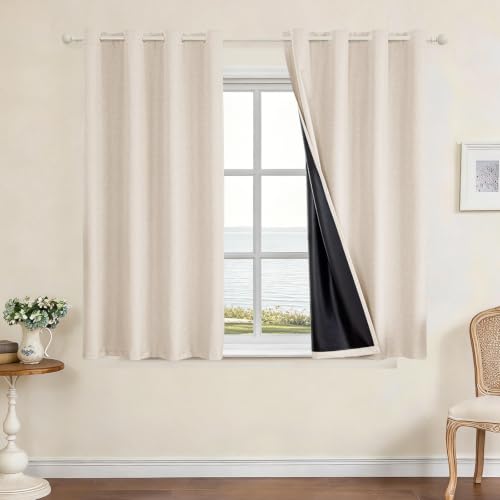 Faux Linen 100% Blackout Curtains, 52" W x 45" L (2 Panels) - color: Beige, size: 52"W x 45"L (Pack of 2)