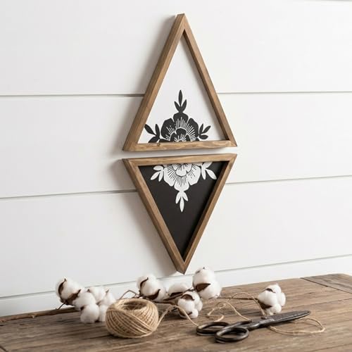 flangairy Floral Wall Decor Wooden Botanical Wall Art Framed Boho Wood Geometric Triangles Black White Bedroom Bathroom Room Home Decorations