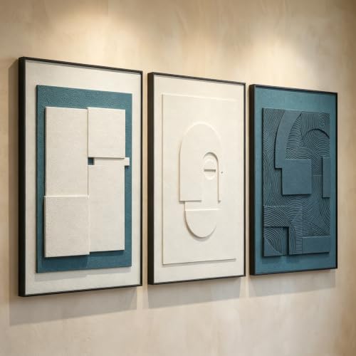 AMAATE 3Pcs 3D Blue White Sandstone Relief Black Framed Wall Art | 3D Textured Blue White Abstract Sandstone Relief Wall Art 3Pcs, Black Frame,Ready to Hang for Living Room Bedroom Office - color: White Blue Grey, size: 16" x 24" inch