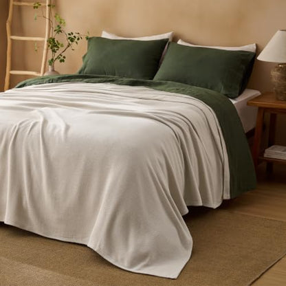Bedsure 100% Cotton Blanket, Herringbone Weave, Queen Size, Linen Beige - color: 01 - Linen Beige, size: Queen