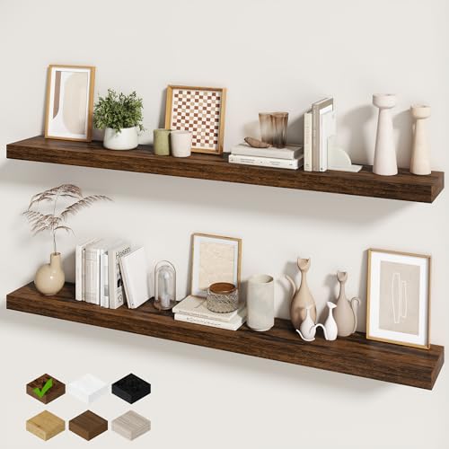Fun Memories 60 Inch Fireplace Mantel - Long Floating Shelf, Wall Mounted Farmhouse Display with Invisible Heavy Duty Metal Bracket, Brown, 2 Pack - color: Brown, size: 6.5"D x 60"L