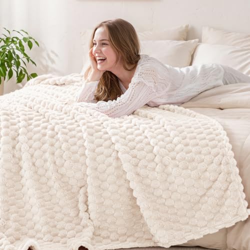 Exclusivo Mezcla Large 3D Fleece Throw Blanket for Couch, Ivory - color: Ivory, size: Throw ( 50x70 IN )