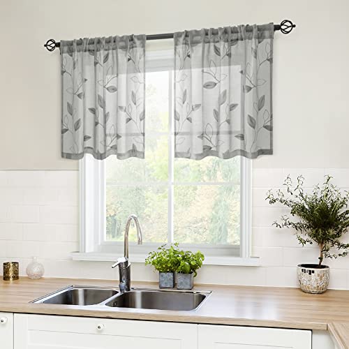 HOMEIDEAS Grey Kitchen Sheer Curtains Leaf Embroidered, 30x24, 2 Panels - color: 3-grey, size: 30"W x 24"L (Pack of 2)