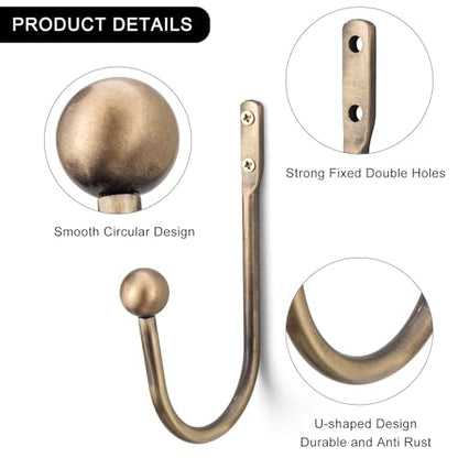 Curtain Holdback, Premium Metal Decorative Curtain Holdbacks with Zinc Alloy Cap Finials,Rust-Proof, Set of 2 Window Curtain Holdbacks (Brass) - color: Antique Brass-ball