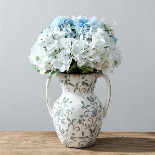 Emotionally Grounded Vase, Vaseking Large Ceramic Rustic Vase with 2 Handles, 8.3 inch Minimalist Decorative Farmhouse Tall Vases for Home Decor, Living Room, Enterway, Table Decoration, Gray Floral - color: 19402-gray and White