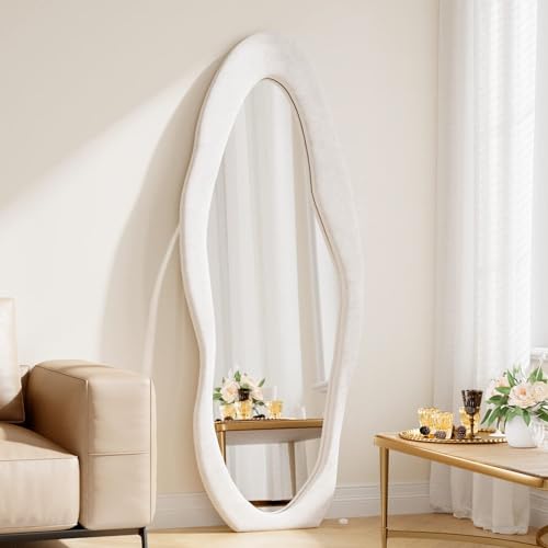63" x 24" Full Length Mirror Irregular Wavy Floor Mirror, Standing Wall Mirrors Large Hanging Mirror for Bedroom, Living Room, Flannel Wooden Frame, White - color: White-irregular