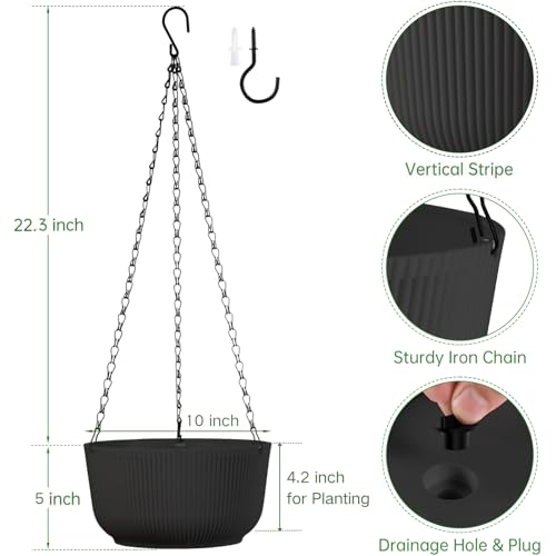 10 Inch Black Hanging Planters for Outdoor Indoor Plants - Set of 2 - color: Black, size: 10 Inch