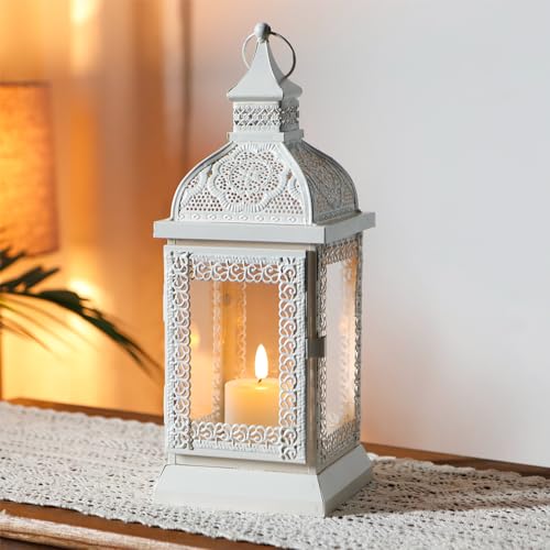 TRIROCKS Decorative Candle Lantern 13'' High Metal Candle Holder Cream - color: Cream, size: 13''H