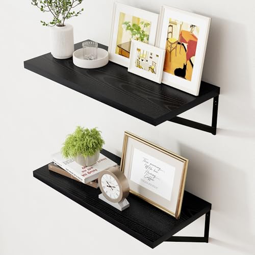 Axeman Deep Floating Shelves Black- 24 Inch Wide x 12 Inch Deep Wall Shelves Set of 2 - Black Wood Wall Shelves for Living Room Bedroom Laundry Room - color: Black, size: 24W x 12D