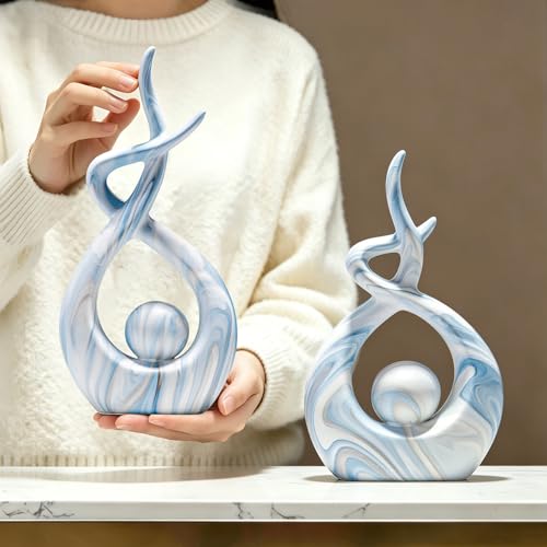 Blue Marble Abstract Ceramic Statues Set of 2 for Table Top Decor - color: Blue Marble Set 11475 L&xl