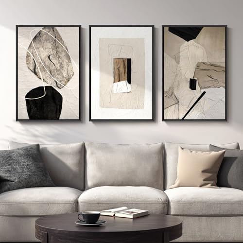 Large Framed Modern Neutral Abstract Wall Art, Set of 3, Total 60x30 In - color: Neutral, size: 20" W x 30" H x 3pcs