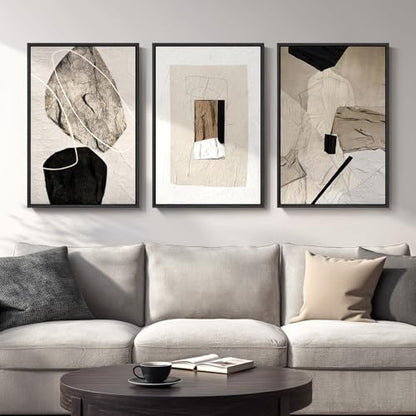 Large Framed Modern Neutral Abstract Wall Art, Set of 3, Total 60x30 In - color: Neutral, size: 20" W x 30" H x 3pcs