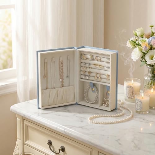 CASEGRACE Jewelry Box Organizer PU Leather Diary Jewelry Box with Magic Book Design Jewelry Case for Earrings Bracelet Necklace Rings Storage for Women, Blue - color: blue