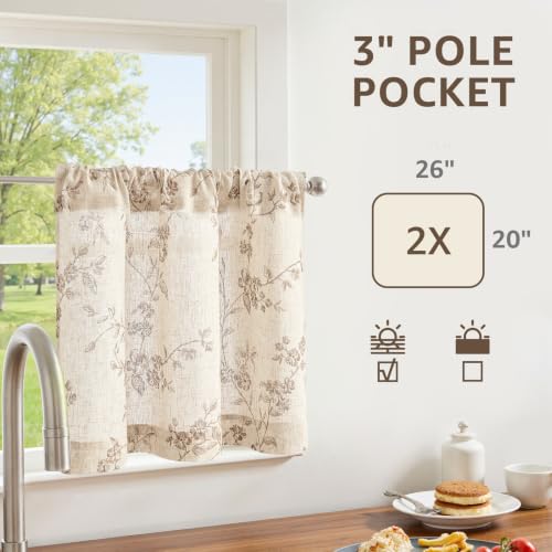 jinchan Floral Linen Kitchen Tier Curtains, 20 Inch, 2 Panels, Taupe - color: Alisa Taupe, size: 26"W x 20"L (Pack of 2)