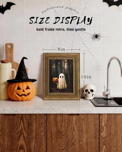 VIYYIEA Gold Framed Pumpkin Ghost Canvas Art, Gothic Halloween, 8x10in - color: Ghost Pumpkin Art, size: 10"L x 8"W
