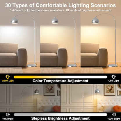 Glossy Chrome Silver Arc Floor Lamp with 12W LED Remote Dimming - color: Silver Remote Dimming