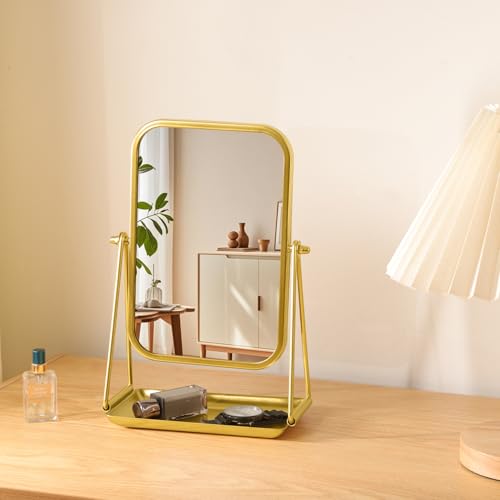 Gold Desk Mirror with Storage Rectangular Tabletop Vanity Mirror - color: Rectangular-gold