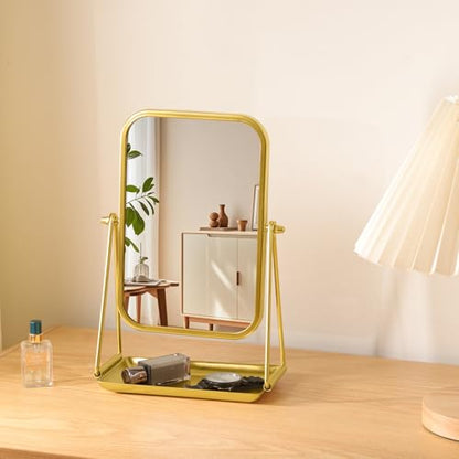 Gold Desk Mirror with Storage Rectangular Tabletop Vanity Mirror - color: Rectangular-gold