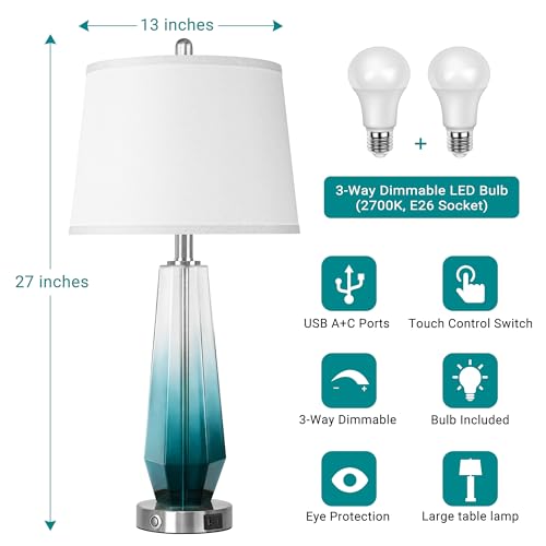 QiMH Glass Table lamps for living room, Modern Bedside Lamps for Bedrooms,27.5" Tall Nightstand Lamps Set of 2 with 3-Way Dimmable Touch Control, White Linen Shade,USB A/C Charging Ports,Gradient Teal - color: Teal 2