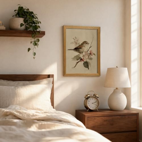 Framed Bird Wall Art Vintage Watercolor Botanical Wall Decor Sparrow On Floral Branch Canvas Print for Living Room Bedroom 12x16 inch - color: Bird, size: 16"L x 12"W