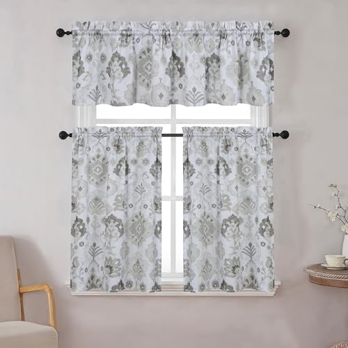 Regal Home Collections Kitchen Tiers & Window Valance Curtains Set - 54x36 Rod Pocket Cafe Tier & Curtain Valances for Windows - Light Filtering Fabric, Monaco White/Neutral - color: Aerin/Neutral