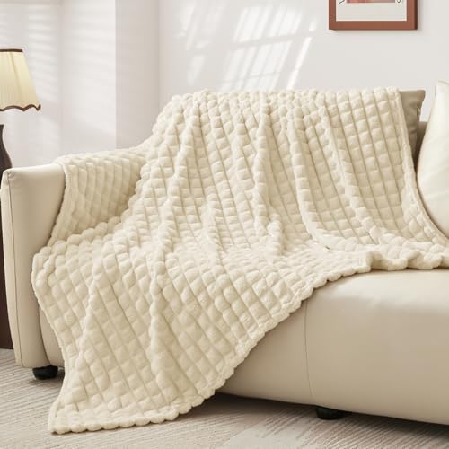 BEDELITE 3D Checked Beige Fleece Throw Blanket for Couch, 50x60 Inches - color: Beige, size: Throw(50"x60")