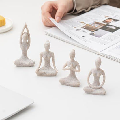 OwMell Lot of 4 Meditation Yoga Pose Statue Figurine Ceramic Yoga Figures - color: Stone