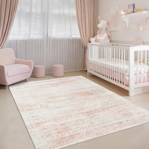 Pink Washable Rugs 4x6 Area Rugs for Living Room,Bedroom,Kids Room,Nursery - color: Pink-white, size: 4' x 6' (Rectangular)
