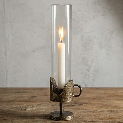 Handcrafted Cast Iron Base Hurricane Candle Holder with Glass Shade