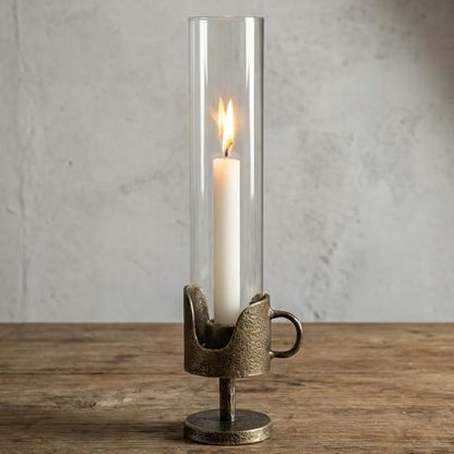 Handcrafted Cast Iron Base Hurricane Candle Holder with Glass Shade