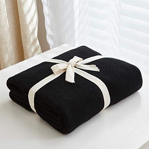 Longhui bedding Black Cotton Cable Knit Throw Blanket for Couch Sofa Chair Bed Home Decorative, 3.4 Pounds 60 x 80 Inch Lightweight Woven Throw Blankets with Bonus Laundering Bag - color: Black, size: 60"x80"